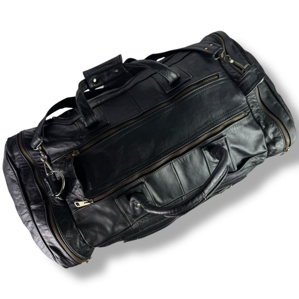 Vintage 80s 90s Y2K Duffel Travel Overnight Bag Weekender Black Leather Denim - Picture 10 of 11